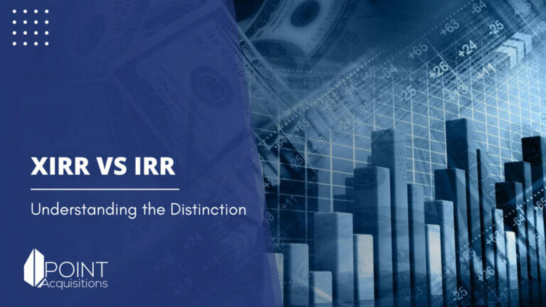 a blue and white photo of a bar chart with a dollar on it and a caption of XIRR vs IRR
