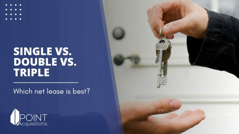 a commercial real estate agent handing a key to a client with the words single vs double vs triple